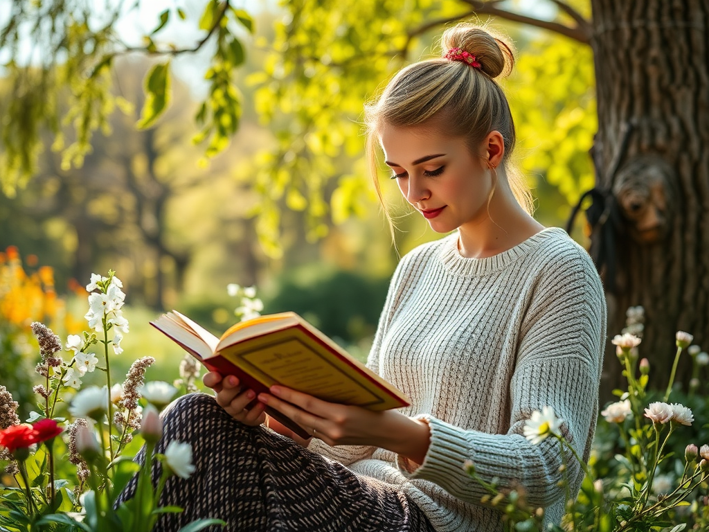 Девушка сидит на траве и читает книгу, окруженная цветами и зеленью в солнечном парке.