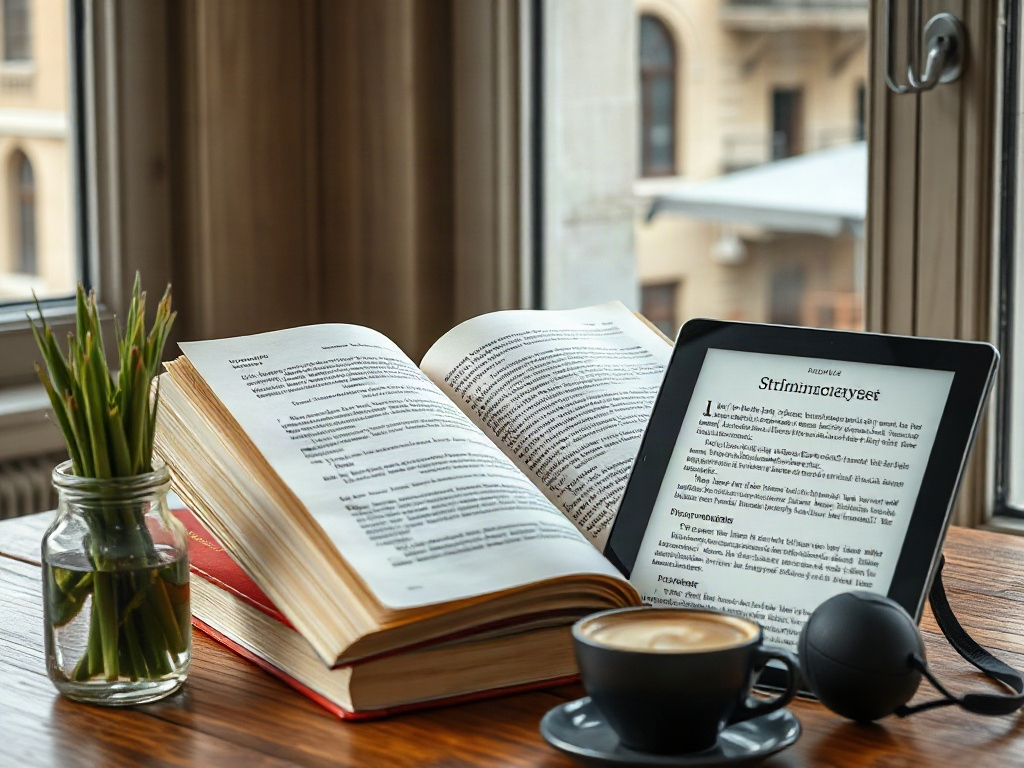 На столе лежат открытая книга и планшет с текстом, рядом чашка кофе и вазочка с зеленью.